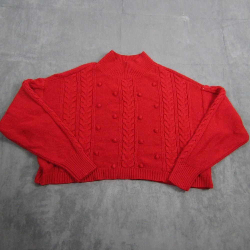 IZ Byer Sweater Womens Medium Red Cable Knit Pom Pom Mock Neck Pullover 00798